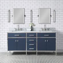 Load image into Gallery viewer, Marquis 72 In. Double Sink Carrara White Marble Countertop Vanity in Monarch Blue with Hook Faucets- Water Creation