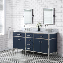 Load image into Gallery viewer, Marquis 72 In. Double Sink Carrara White Marble Countertop Vanity in Monarch Blue with Hook Faucets and Mirrors- Water Creation