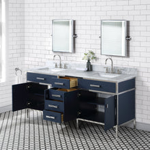 Load image into Gallery viewer, Marquis 72 In. Double Sink Carrara White Marble Countertop Vanity in Monarch Blue with Hook Faucets- Water Creation