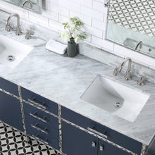 Load image into Gallery viewer, Marquis 72 In. Double Sink Carrara White Marble Countertop Vanity in Monarch Blue with Hook Faucets- Water Creation