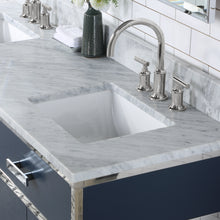 Load image into Gallery viewer, Marquis 72 In. Double Sink Carrara White Marble Countertop Vanity in Monarch Blue with Hook Faucets- Water Creation