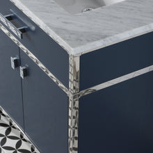 Load image into Gallery viewer, Marquis 72 In. Double Sink Carrara White Marble Countertop Vanity in Monarch Blue with Hook Faucets- Water Creation