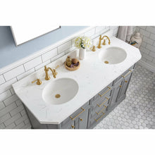Load image into Gallery viewer, Water Creation 60&quot; Palace Collection Quartz Carrara Cashmere Grey Bathroom Vanity Set With Hardware And F2-0012 Faucets in Satin Gold Finish And Only Mirrors in Chrome Finish- Water Creation