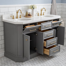 Load image into Gallery viewer, Water Creation 60&quot; Palace Collection Quartz Carrara Cashmere Grey Bathroom Vanity Set With Hardware in Satin Gold Finish And Only Mirrors in Chrome Finish- Water Creation