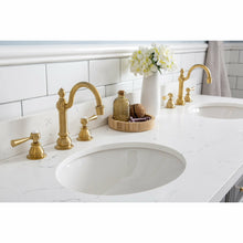 Load image into Gallery viewer, Water Creation 60&quot; Palace Collection Quartz Carrara Cashmere Grey Bathroom Vanity Set With Hardware And F2-0012 Faucets in Satin Gold Finish And Only Mirrors in Chrome Finish- Water Creation
