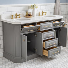 Load image into Gallery viewer, Water Creation 60&quot; Palace Collection Quartz Carrara Cashmere Grey Bathroom Vanity Set With Hardware And F2-0013 Faucets in Satin Gold Finish And Only Mirrors in Chrome Finish- Water Creation