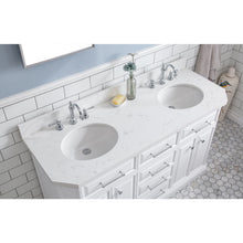 Load image into Gallery viewer, Water Creation 60&quot; Palace Collection Quartz Carrara Pure White Bathroom Vanity Set With Hardware And F2-0012 Faucets, Mirror in Chrome Finish- Water Creation