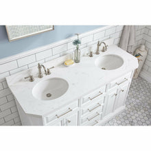 Load image into Gallery viewer, Water Creation 60&quot; Palace Collection Quartz Carrara Pure White Bathroom Vanity Set With Hardware And F2-0012 Faucets in Polished Nickel (PVD) Finish- Water Creation