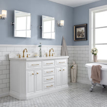 Load image into Gallery viewer, Water Creation 60&quot; Palace Collection Quartz Carrara Pure White Bathroom Vanity Set With Hardware And F2-0012 Faucets in Satin Gold Finish And Only Mirrors in Chrome Finish- Water Creation
