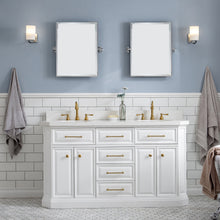 Load image into Gallery viewer, Water Creation 60&quot; Palace Collection Quartz Carrara Pure White Bathroom Vanity Set With Hardware in Satin Gold Finish And Only Mirrors in Chrome Finish- Water Creation