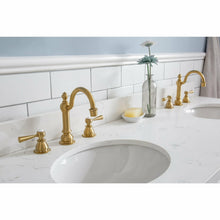 Load image into Gallery viewer, Water Creation 60&quot; Palace Collection Quartz Carrara Pure White Bathroom Vanity Set With Hardware And F2-0012 Faucets in Satin Gold Finish And Only Mirrors in Chrome Finish- Water Creation