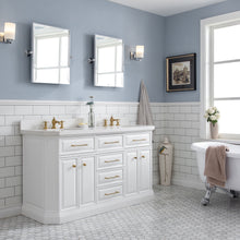 Load image into Gallery viewer, Water Creation 60&quot; Palace Collection Quartz Carrara Pure White Bathroom Vanity Set With Hardware And F2-0013 Faucets in Satin Gold Finish And Only Mirrors in Chrome Finish- Water Creation