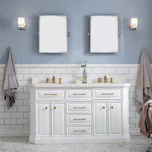 Load image into Gallery viewer, Water Creation 60&quot; Palace Collection Quartz Carrara Pure White Bathroom Vanity Set With Hardware And F2-0013 Faucets in Satin Gold Finish And Only Mirrors in Chrome Finish- Water Creation