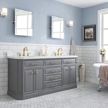 Load image into Gallery viewer, Water Creation 72&quot; Palace Collection Quartz Carrara Cashmere Grey Bathroom Vanity Set With Hardware And F2-0012 Faucets in Satin Gold Finish And Only Mirrors in Chrome Finish- Water Creation
