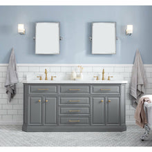 Load image into Gallery viewer, Water Creation 72&quot; Palace Collection Quartz Carrara Cashmere Grey Bathroom Vanity Set With Hardware in Satin Gold Finish And Only Mirrors in Chrome Finish- Water Creation