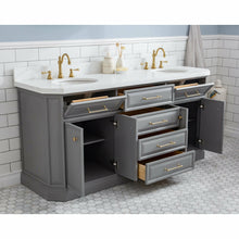 Load image into Gallery viewer, Water Creation 72&quot; Palace Collection Quartz Carrara Cashmere Grey Bathroom Vanity Set With Hardware in Satin Gold Finish And Only Mirrors in Chrome Finish- Water Creation