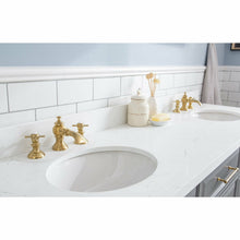 Load image into Gallery viewer, Water Creation 72&quot; Palace Collection Quartz Carrara Cashmere Grey Bathroom Vanity Set With Hardware And F2-0013 Faucets in Satin Gold Finish And Only Mirrors in Chrome Finish- Water Creation