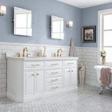 Load image into Gallery viewer, Water Creation 72&quot; Palace Collection Quartz Carrara Pure White Bathroom Vanity Set With Hardware in Satin Gold Finish And Only Mirrors in Chrome Finish- Water Creation