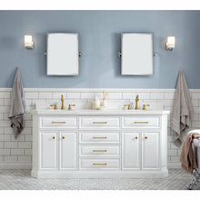 Load image into Gallery viewer, Water Creation 72&quot; Palace Collection Quartz Carrara Pure White Bathroom Vanity Set With Hardware in Satin Gold Finish And Only Mirrors in Chrome Finish- Water Creation