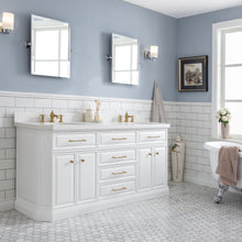Load image into Gallery viewer, Water Creation 72&quot; Palace Collection Quartz Carrara Pure White Bathroom Vanity Set With Hardware And F2-0013 Faucets in Satin Gold Finish And Only Mirrors in Chrome Finish- Water Creation