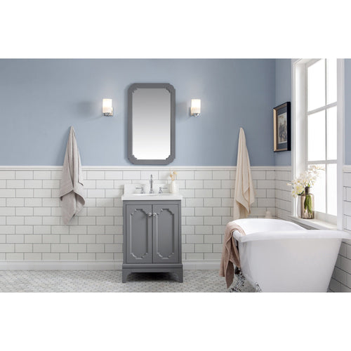 Water Creation Queen 24-Inch Single Sink Quartz Carrara Vanity In Cashmere Grey With Matching Mirror(s) and F2-0012-01-TL Lavatory Faucet(s)- Water Creation