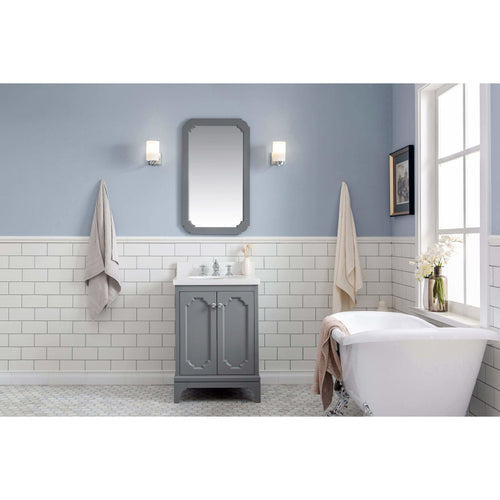 Water Creation Queen 24-Inch Single Sink Quartz Carrara Vanity In Cashmere Grey With Matching Mirror(s) and F2-0013-01-FX Lavatory Faucet(s)- Water Creation