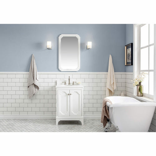 Water Creation Queen 24-Inch Single Sink Quartz Carrara Vanity In Pure White With Matching Mirror(s) and F2-0012-05-TL Lavatory Faucet(s)- Water Creation