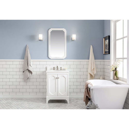 Water Creation Queen 24-Inch Single Sink Quartz Carrara Vanity In Pure White With Matching Mirror(s) and F2-0013-05-FX Lavatory Faucet(s)- Water Creation