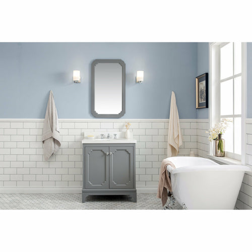 Water Creation Queen 30-Inch Single Sink Quartz Carrara Vanity In Cashmere Grey With Matching Mirror(s)- Water Creation