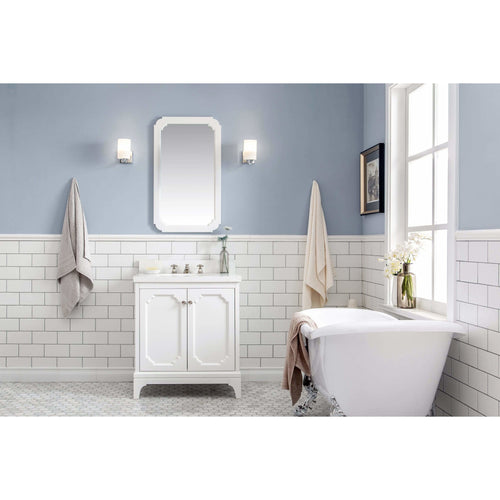 Water Creation Queen 30-Inch Single Sink Quartz Carrara Vanity In Pure White With Matching Mirror(s) and F2-0009-05-BX Lavatory Faucet(s)- Water Creation