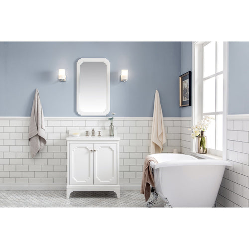 Water Creation Queen 30-Inch Single Sink Quartz Carrara Vanity In Pure White With Matching Mirror(s) and F2-0013-05-FX Lavatory Faucet(s)- Water Creation