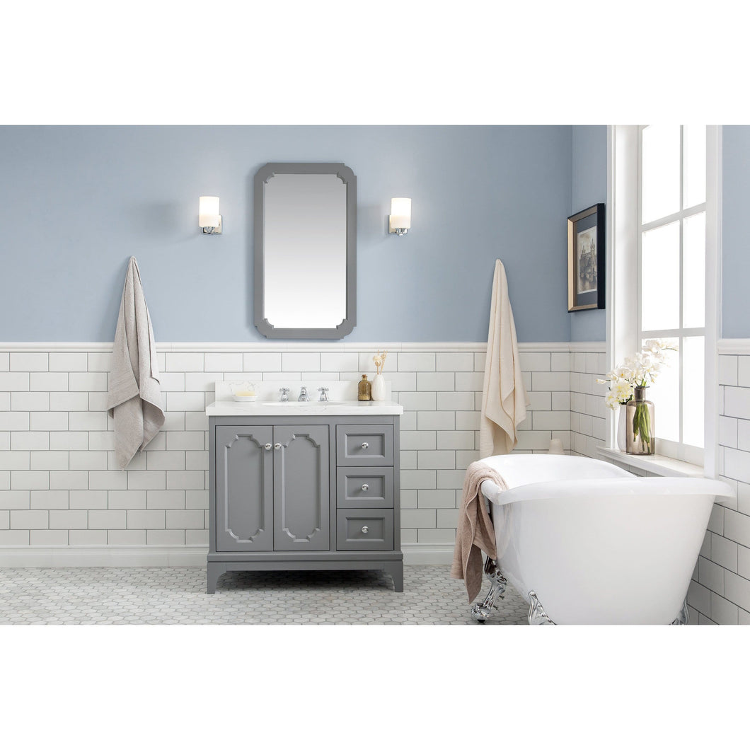 Water Creation Queen 36-Inch Single Sink Quartz Carrara Vanity In Cashmere Grey With Matching Mirror(s) and F2-0009-01-BX Lavatory Faucet(s)- Water Creation