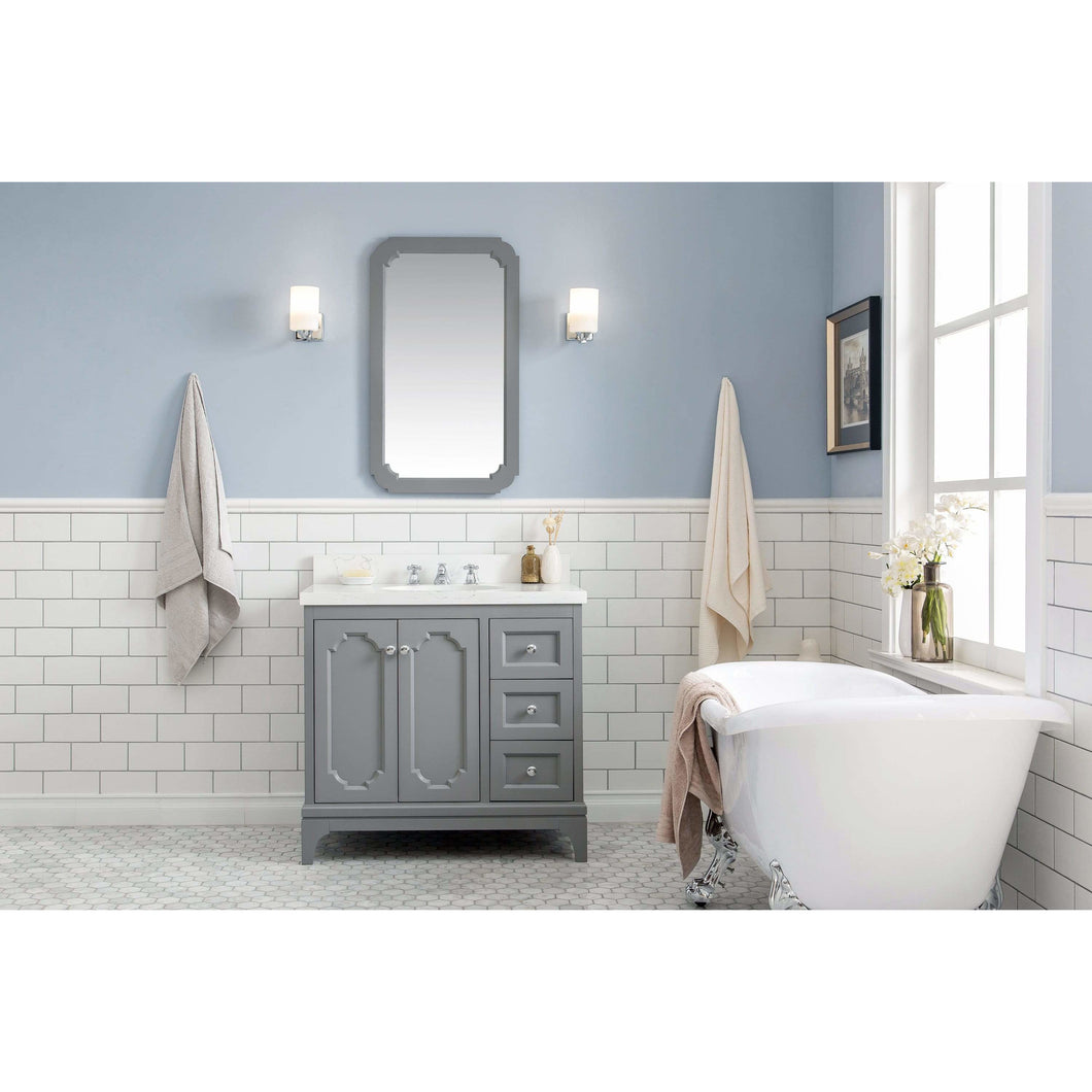Water Creation Queen 36-Inch Single Sink Quartz Carrara Vanity In Cashmere Grey  With F2-0009-01-BX Lavatory Faucet(s)- Water Creation