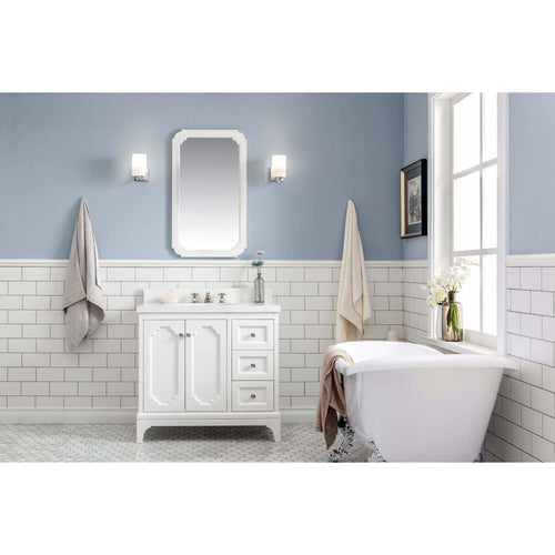 Water Creation Queen 36-Inch Single Sink Quartz Carrara Vanity In Pure White With Matching Mirror(s) and F2-0009-05-BX Lavatory Faucet(s)- Water Creation