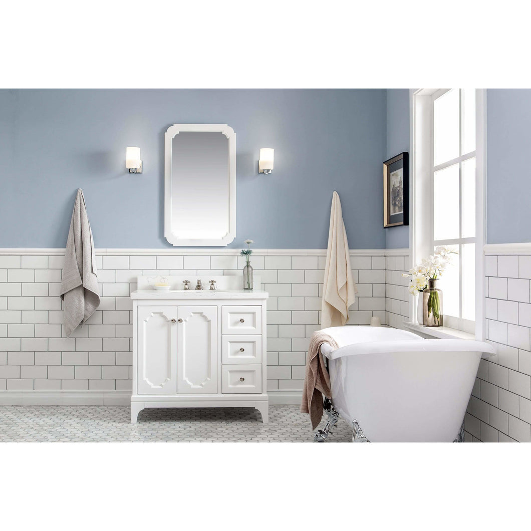 Water Creation Queen 36-Inch Single Sink Quartz Carrara Vanity In Pure White With Matching Mirror(s) and F2-0009-05-BX Lavatory Faucet(s)- Water Creation