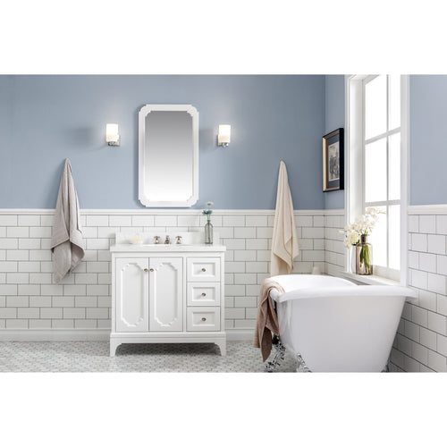 Water Creation Queen 36-Inch Single Sink Quartz Carrara Vanity In Pure White With Matching Mirror(s)- Water Creation