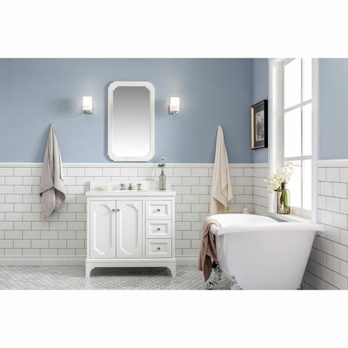 Water Creation Queen 36-Inch Single Sink Quartz Carrara Vanity In Pure White  With F2-0009-05-BX Lavatory Faucet(s)- Water Creation