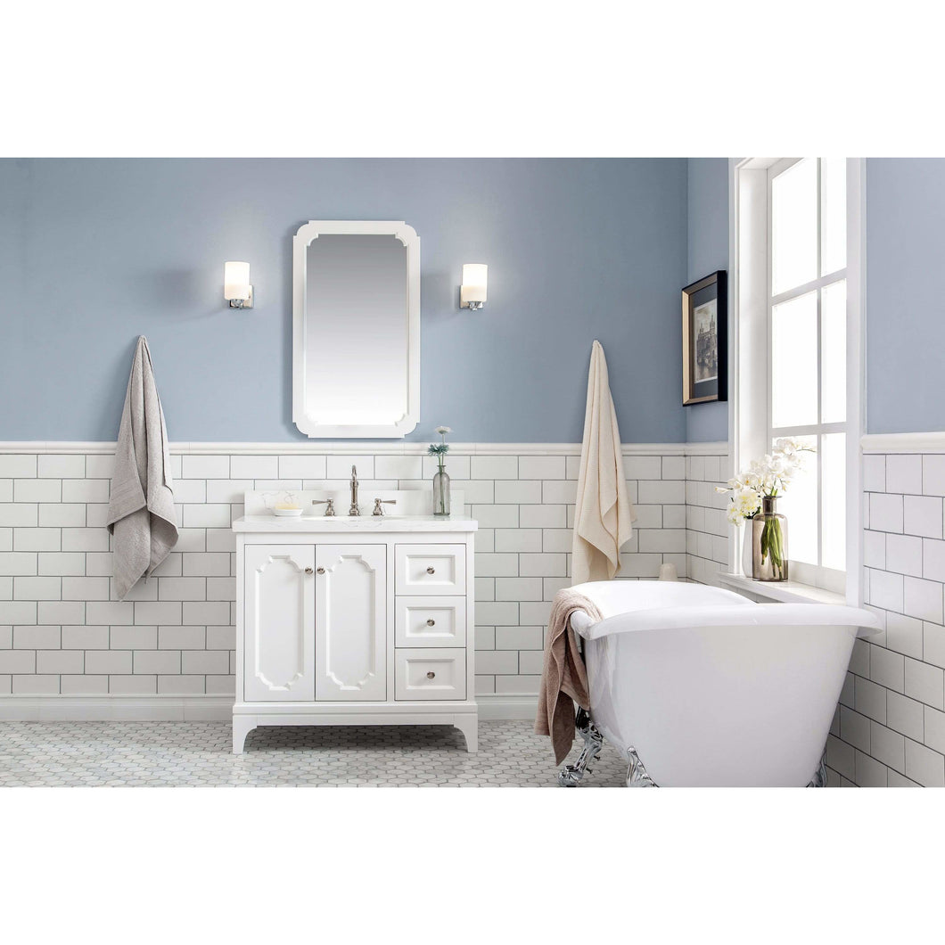 Water Creation Queen 36-Inch Single Sink Quartz Carrara Vanity In Pure White With Matching Mirror(s) and F2-0012-05-TL Lavatory Faucet(s)- Water Creation