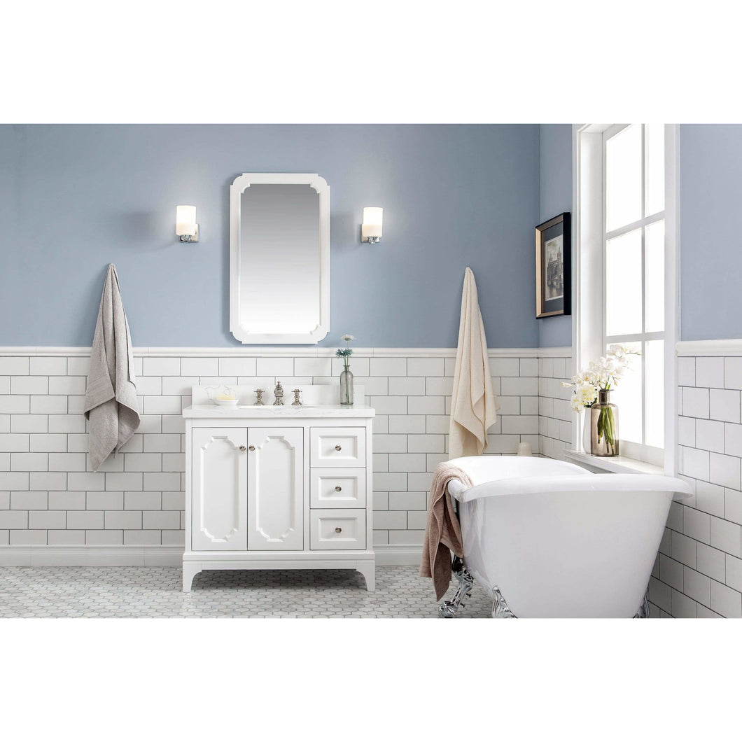Water Creation Queen 36-Inch Single Sink Quartz Carrara Vanity In Pure White With Matching Mirror(s) and F2-0013-05-FX Lavatory Faucet(s)- Water Creation
