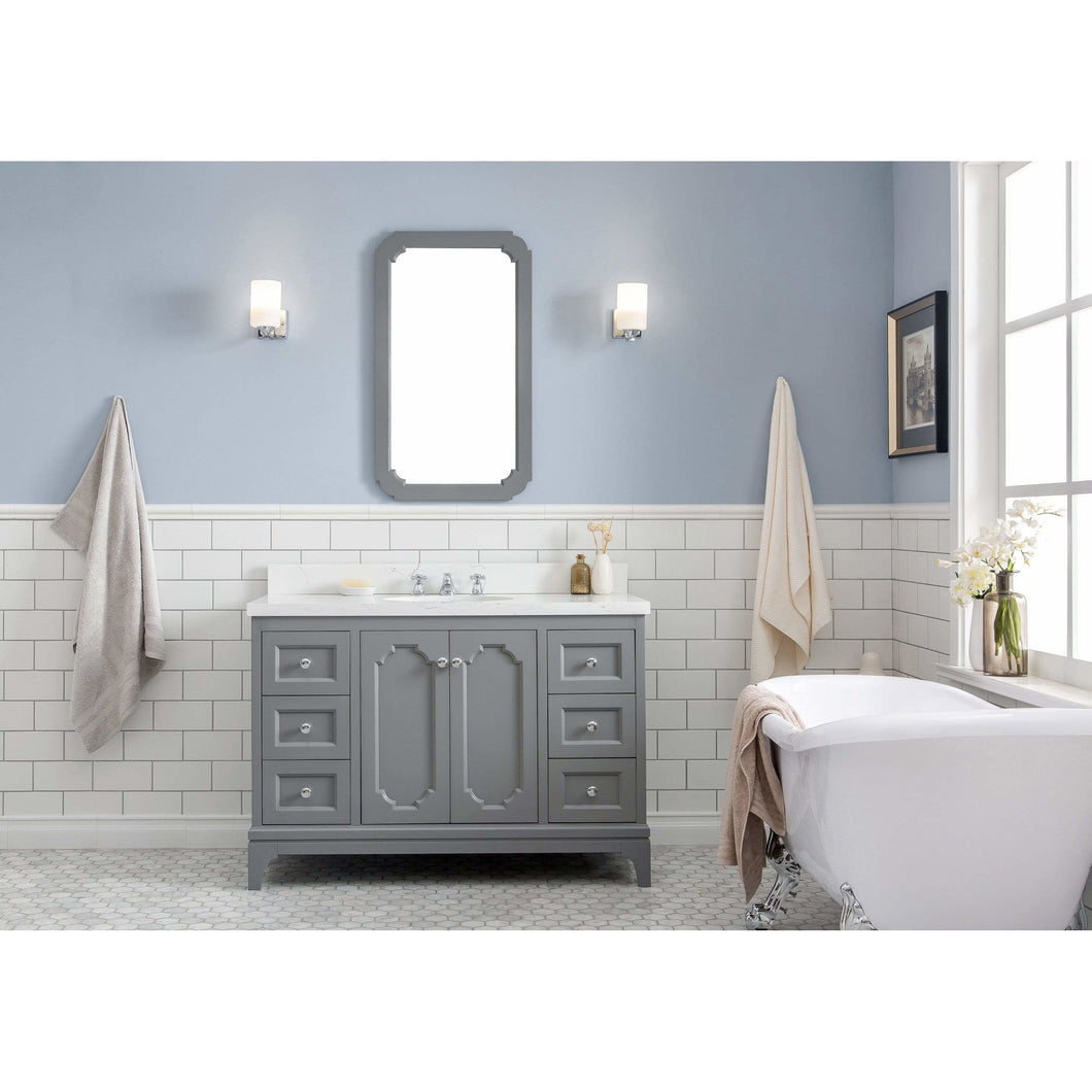 Water Creation Queen 48-Inch Single Sink Quartz Carrara Vanity In Cashmere Grey With Matching Mirror(s) and F2-0009-01-BX Lavatory Faucet(s)- Water Creation