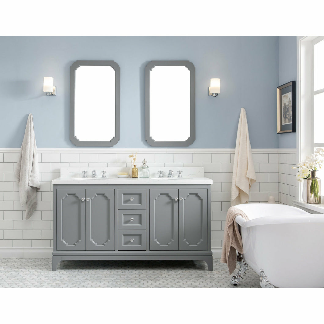Water Creation Queen 60-Inch Double Sink Quartz Carrara Vanity In Cashmere Grey With Matching Mirror(s)- Water Creation