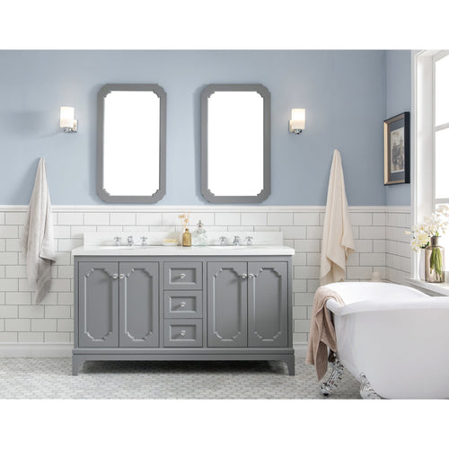 Water Creation Queen 60-Inch Double Sink Quartz Carrara Vanity In Cashmere Grey With Matching Mirror(s) and F2-0009-01-BX Lavatory Faucet(s)- Water Creation