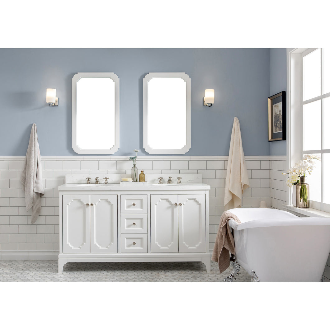 Water Creation Queen 60-Inch Double Sink Quartz Carrara Vanity In Pure White With Matching Mirror(s)- Water Creation