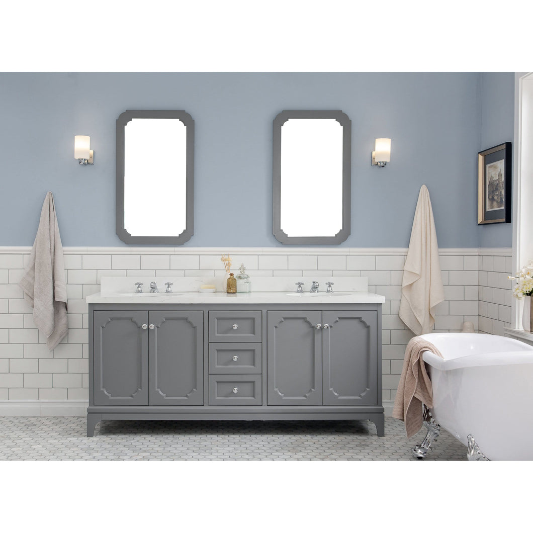 Water Creation Queen 72-Inch Double Sink Quartz Carrara Vanity In Cashmere Grey With Matching Mirror(s) and F2-0009-01-BX Lavatory Faucet(s)- Water Creation