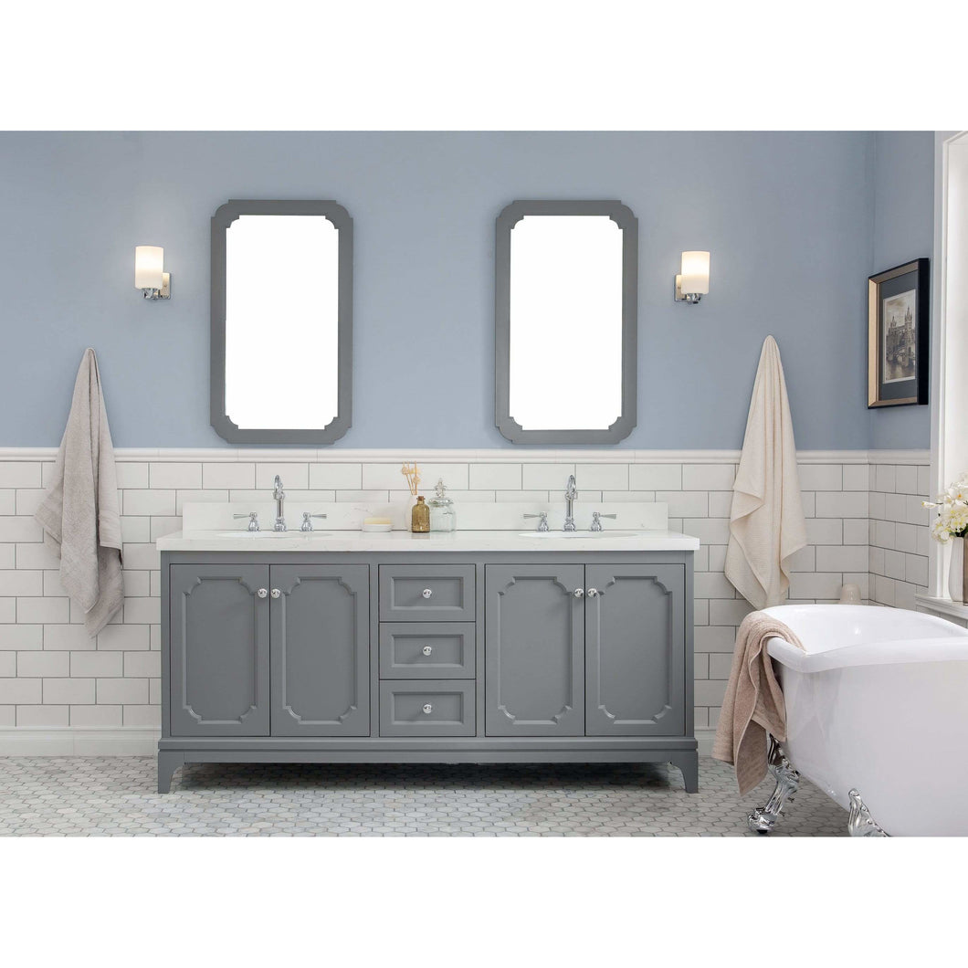 Water Creation Queen 72-Inch Double Sink Quartz Carrara Vanity In Cashmere Grey With Matching Mirror(s) and F2-0012-01-TL Lavatory Faucet(s)- Water Creation