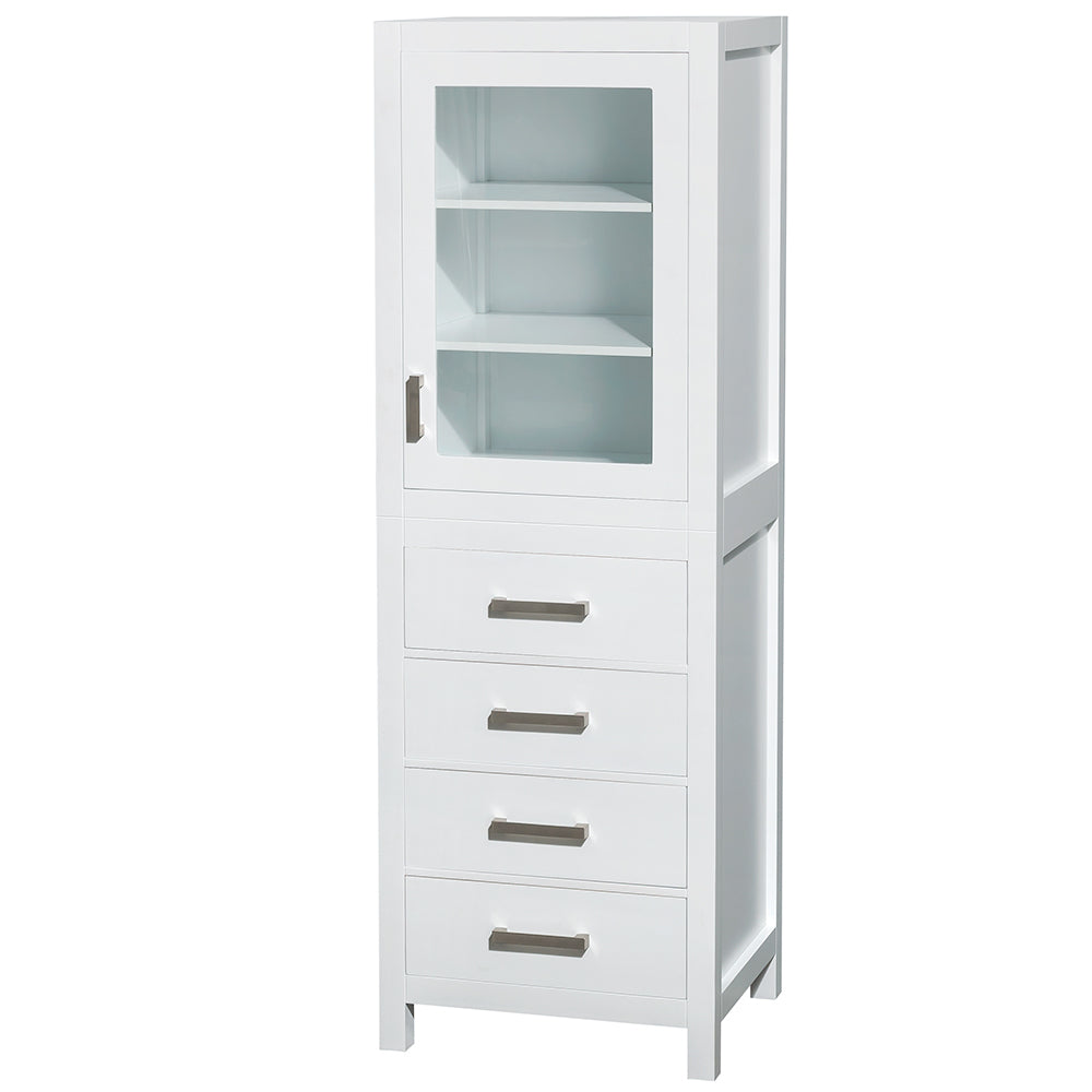 Wyndham Sheffield 24 Inch Linen Tower in White with Shelved Cabinet Storage and 4 Drawers- Wyndham