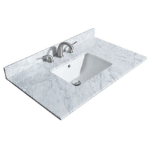 Load image into Gallery viewer, Wyndham Deborah 36 Inch Single Bathroom Vanity in White, White Carrara Marble Countertop, Undermount Square Sink, Brushed Gold Trim, No Mirror- Wyndham