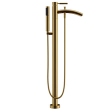 Load image into Gallery viewer, Wyndham Taron Modern-Style Bathroom Tub Filler Faucet (Floor-mounted) in Brushed Gold- Wyndham