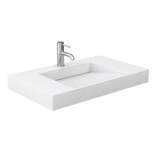 Load image into Gallery viewer, Wyndham Miranda 36 Inch Single Bathroom Vanity in Dark Blue, 4 Inch Thick Matte White Solid Surface Countertop, Integrated Sink, Matte Black Trim, 34 Inch Mirror- Wyndham