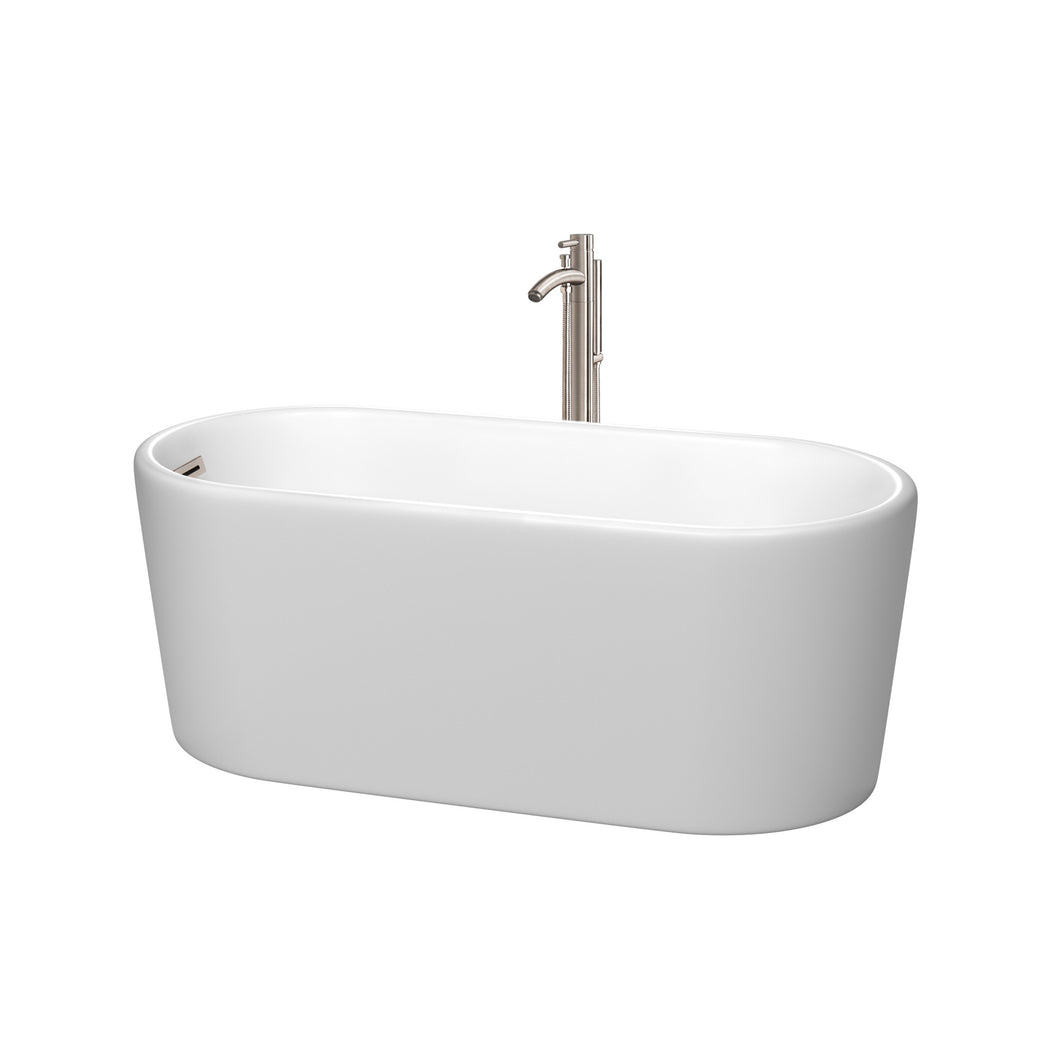 Wyndham Ursula 59 Inch Freestanding Bathtub in Matte White with Floor Mounted Faucet, Drain and Overflow Trim in Brushed Nickel- Wyndham